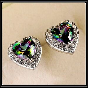 NEW WHITE GOLD MYSTIC TOPAZ SIMULATED DIAMOND HALO SWEET HEART EARRINGS